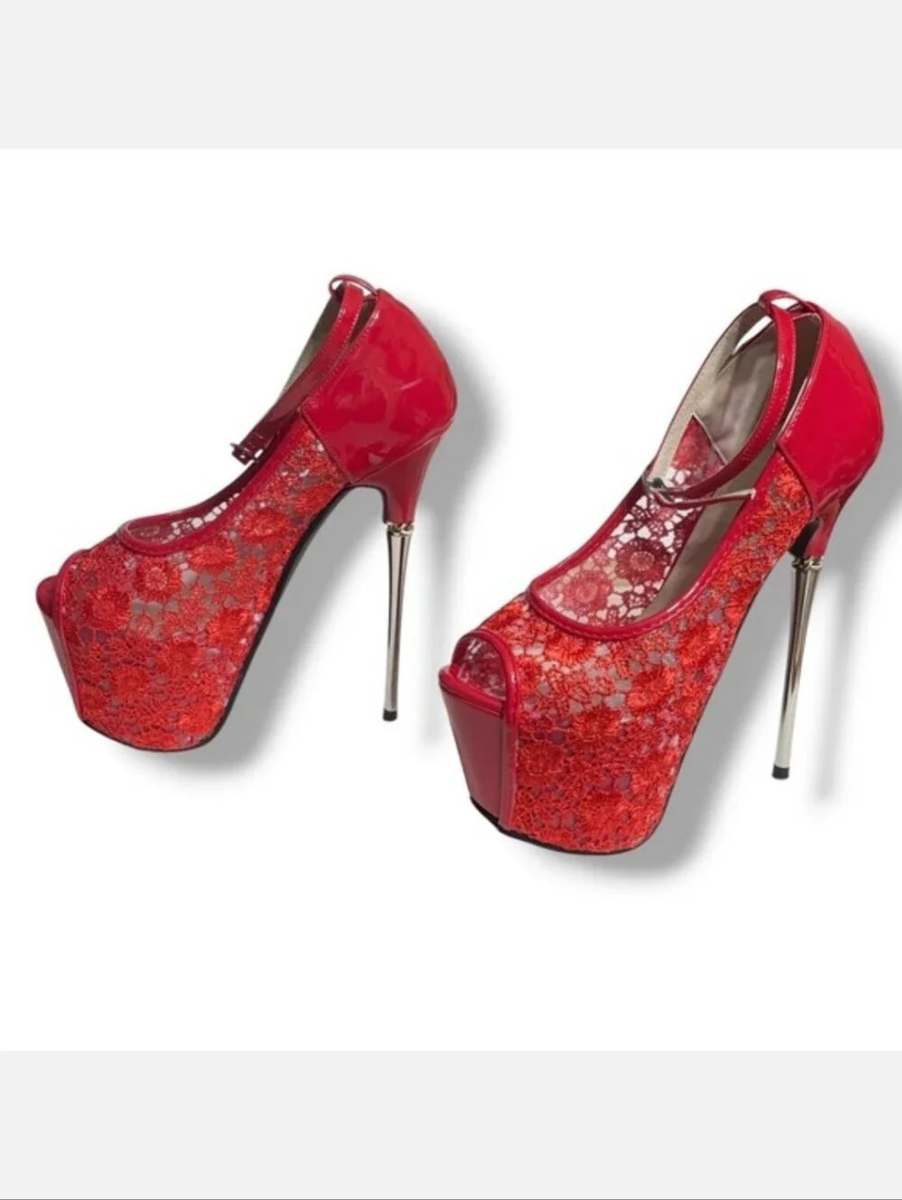 GETMOREBEAUTY Red Lace & Patent Leather Platform Stilettos Ankle Strap Size 36/6